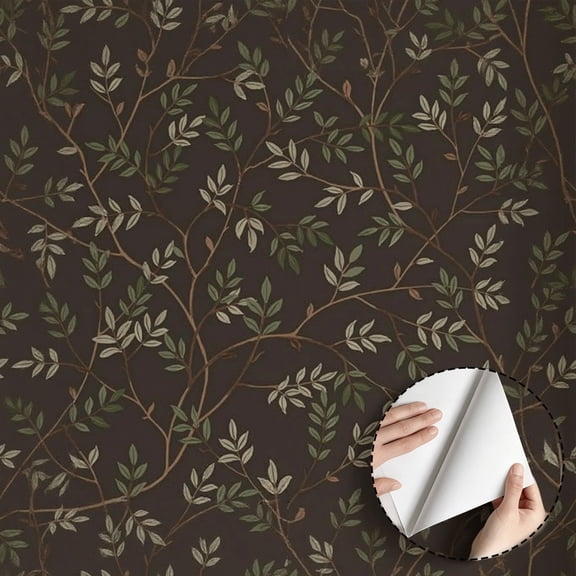 Dark Botanical Leaf Wallpaper, Vintage Farmhouse Style Peel and Stick Waterproof Wall Decoration for Living Room Bedroom Kitchen Cabinet Rental Property Home Decor, 17.7 * 118 in