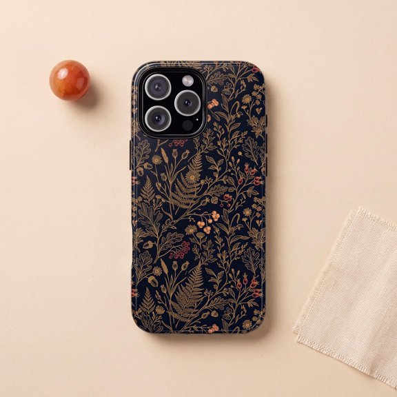 Dark Botanical Moody Woodland Floral Style Tough Phone Case, Dual-Layer Protective Cover for iPhone