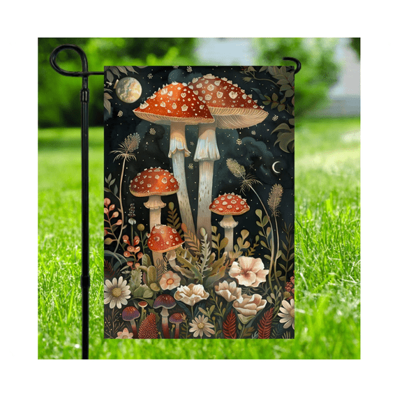 Dark Botanical Mushroom Flag, Night Garden Decor 12x18 POLE NOT INCLUDED Garden Flag