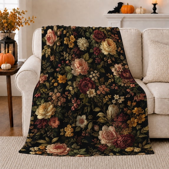 Dark Botanical Peonies Pumpkins Sofa Vintage Floral, Cozy Botanical Garden Scene, Warm Flannel Blanket for Sunroom and Reading Nook, Garden Lovers Thanksgiving Gift, Botanical Home Decor