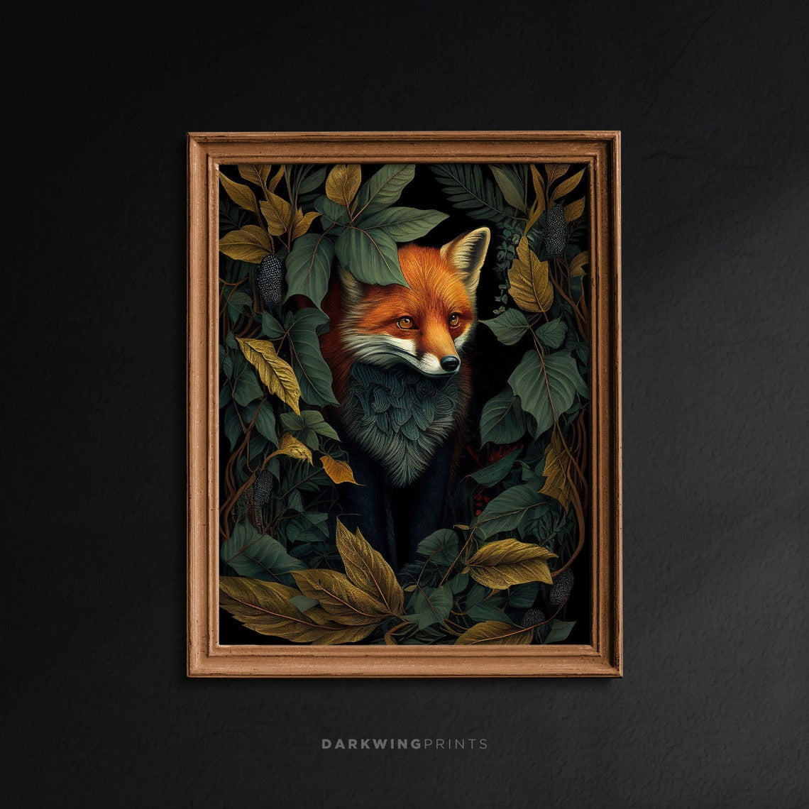 Dark Botanical Red Fox Wall Art, Dark Academia Decor, Gothic , Dark
