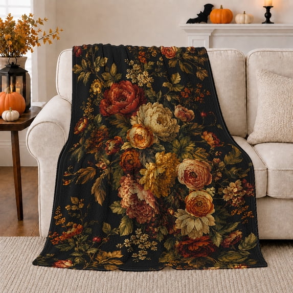 Dark Botanical Roses Vintage Floral, Cozy Botanical Garden Scene, Warm Flannel Blanket for Sunroom and Reading Nook, Garden Lovers Mother's Day Gift, Botanical Home Decor