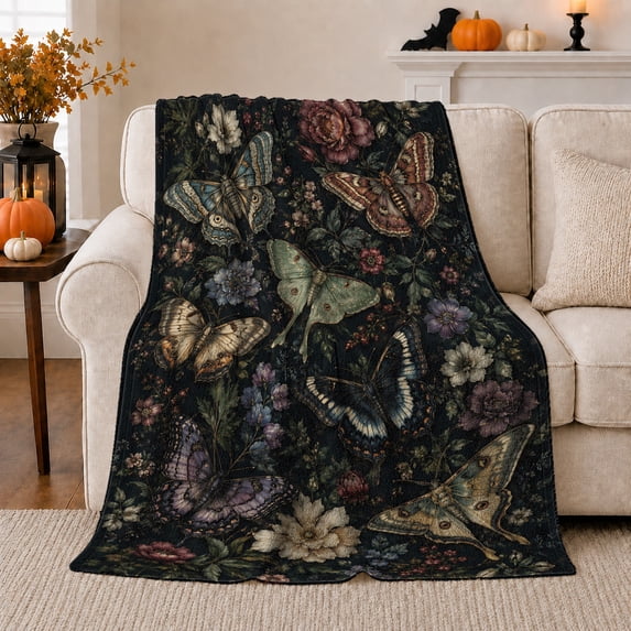 Dark Botanical Scene Moths Butterflies Among Charcoal Florals, Cozy Friendship Quote Scene, Warm Flannel Blanket for Living Room and Reading Nook, Art Lovers Friendship Gift, Artistic Home Decor