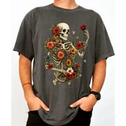 Dark Botanical Skeleton T-Shirt, Gothic Floral Skull Graphic Tee, Cottagecore Dark Academia Gift Shirt