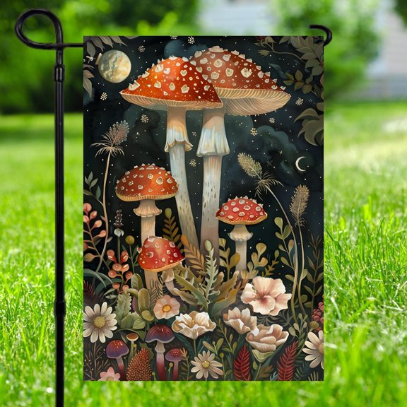 Dark Botanical Toadstool Night Garden Flag Moody Floral Mushroom Print Outdoor Porch Banner