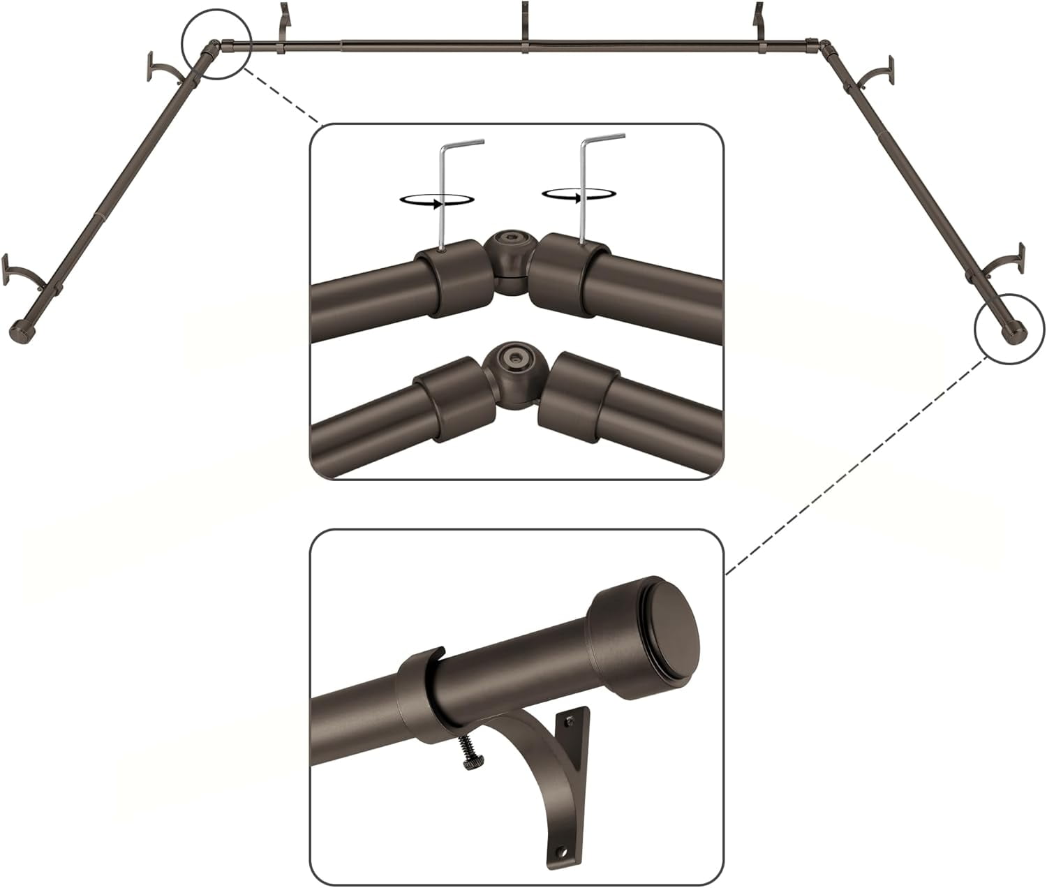 Dark Bronze Bay Window Curtain Rods with Aluminum End Cap Finials and ...