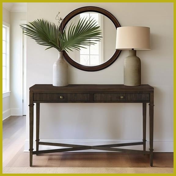 Dark Brown 2-Drawer Coastal Coffee Table with Fluted Drawers Storage for Entryway & Living Room
