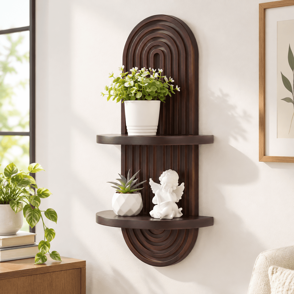 Dark Brown 22" x 11.8" Wood Arched Floating Wall Shelf Modern Art