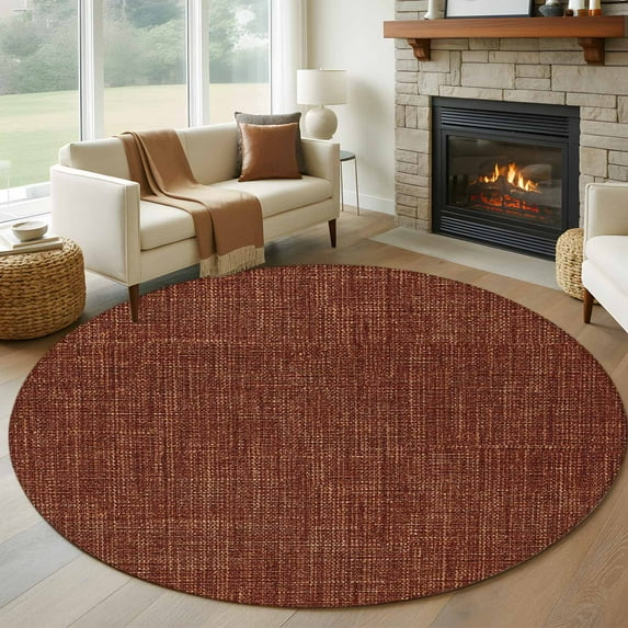 Dark Brown 5ft Round Rug, Farmhouse Burlap Solid Brown Color Modern Linen Texture Non-Skid Rubber Backing Large Area Rugs - Living Room Bedroom Home Office, Indoor Floor Mat Carpets Washable Rug