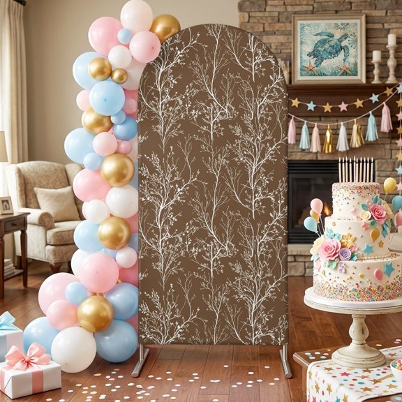 Dark Brown Arch Backdrop Covers 4 FT, White Tree Branch Botanical Abstract Plant Leaves Stretchy Fitted Arched Stand Covers Party Arch Stand Cover Photo Booth for Wedding Birthday Decor
