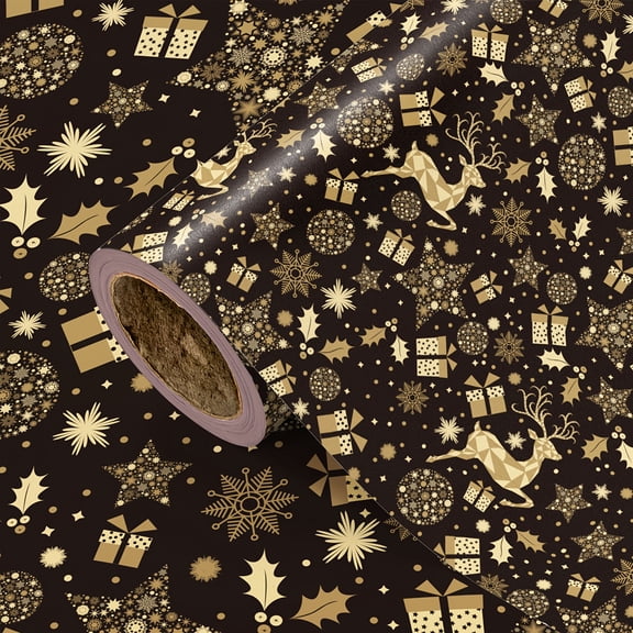 Dark Brown Background Golden Christmas Elements Wrapping Paper Roll, Single Sided Printed Holiday Gift Wrap for Xmas Gift Packaging, Festival Decoration and Party Atmosphere Decor