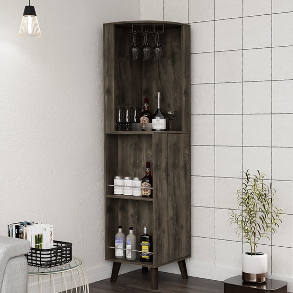 Dark Brown Bar Cabinet with 2-Tier Drawer and Cup Rack | Ideal for Organizing Wine Glasses and Mixing Drinks