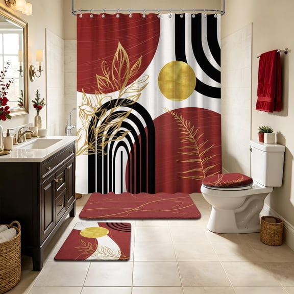 Dark Brown Bathroom Shower Curtain Sets with Rugs, Black and Brown Mid Century Modern Shower Curtain and Bath Mat Set Brown and Gold Bathroom Decor 4 Piece with Toilet Lid Cover