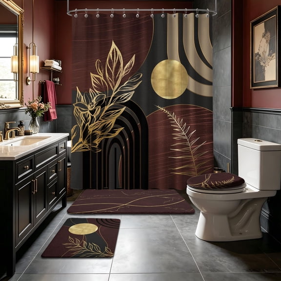 Dark Brown Bathroom Shower Curtain Sets with Rugs, Black and Brown Mid Century Modern Shower Curtain and Bath Mat Set Brown and Gold Bathroom Decor 4 Piece with Toilet Lid Cover