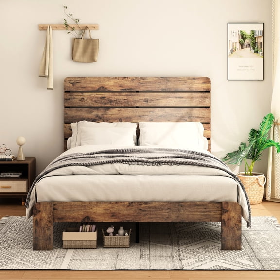 Dark Brown Bed Frame, Wood Platform Build, Noise-, No Box Spring Requirement, Simple Assembly, Under Storage Space King Platform, Spring, Easy Option