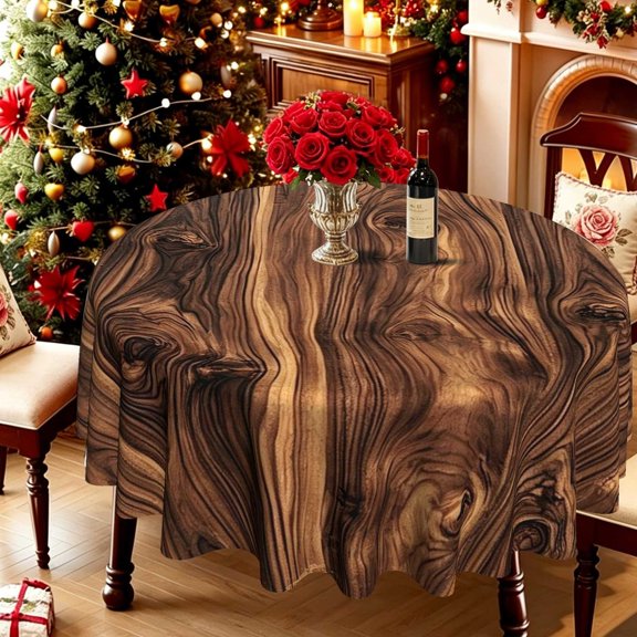 Dark Brown Black Gradient Burl Wood 2D Print Round Tablecloth, Rustic Farmhouse Cover for Kitchen Dining Garden, Christmas Thanksgiving Bold Holiday Table Decor