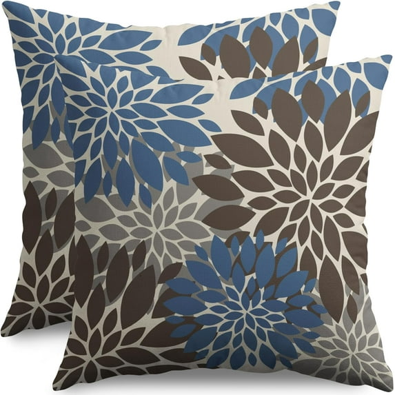 Dark Brown Blue Pillow Covers 18X18 Inch Set of 2, Spring Summer Floral Dahlia Flower Cream Decorative Throw Pillow Covers Outdoor Modern Farmhouse Cushion Case for Home Couch Sofa Bed Decor
