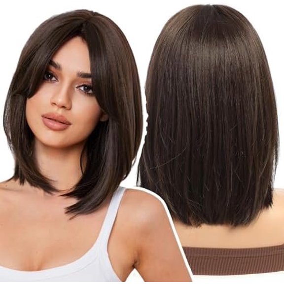 Dark Brown Bob Wigs for Women Layered Synthetic Wig with Bangs