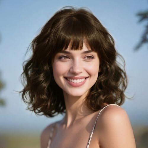 Dark Brown Bob Wigs with Bangs for Women Short Wavy  Length Bob Wig  Color Heat Resistant Hair for Daily 12 Inch