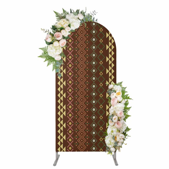Dark Brown Boho Arch Backdrop Cover 5FT, Ethnic Tribe Striped Vintage Spandex Fitted Stretchy Arch Stand Covers, Round Top Chiara Backdrop Cover for Wedding Party Birthday Baby Shower