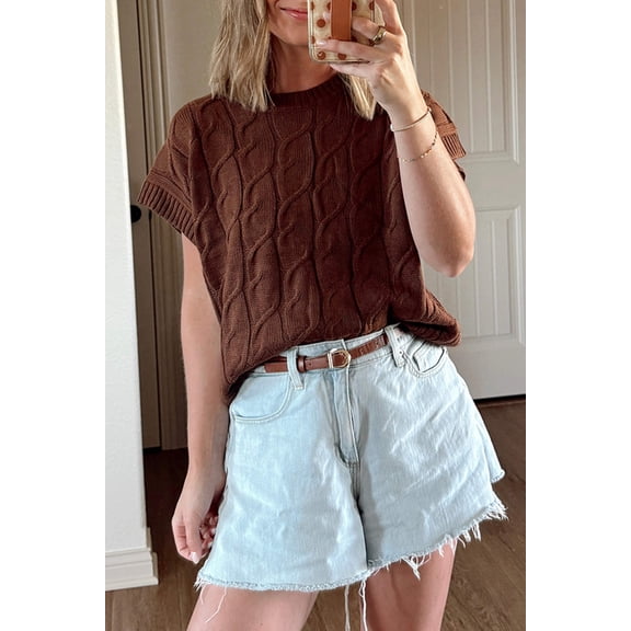 I AM A FASHION JUNKY Dark Brown Cable Texture Crew Neck Short Sleeve Sweater Top