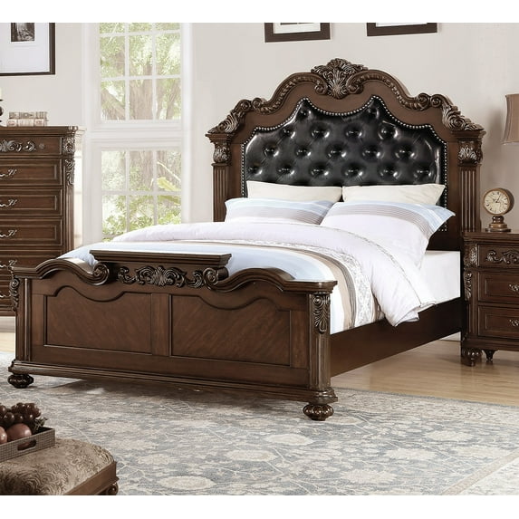 Dark Brown California King Size Bed Faux Leather Tufted Headboard Floral Design Bedframe Bedroom 1pcs bed