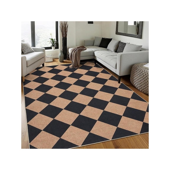 Dark Brown Checkerboard Jute Area Rug Low Pile Washable Indoor Outdoor For Living Room Bedroom Terrace