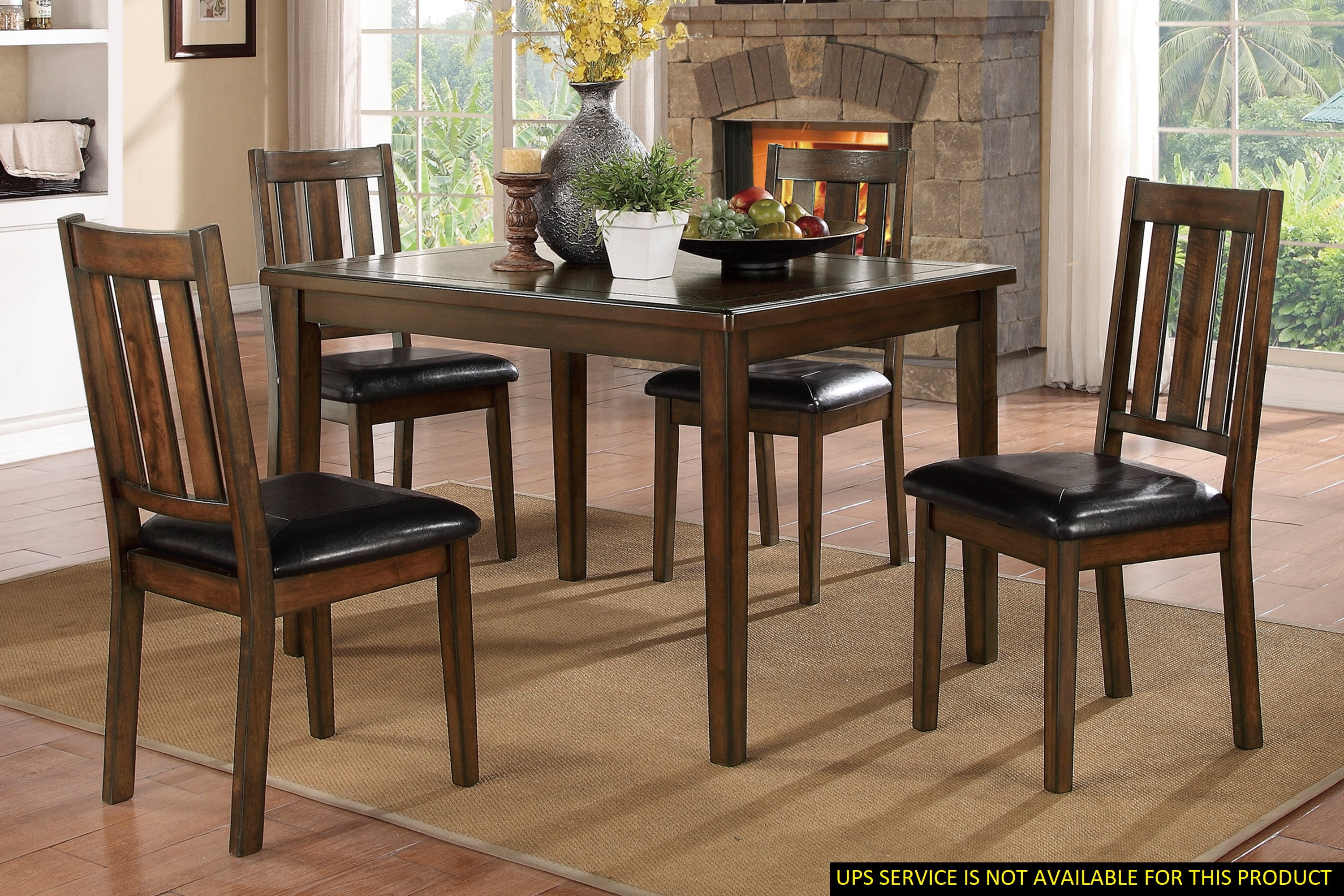 Dark Brown Cherry Finish 5pc Dining Set Table with 4 Chairs Black Faux ...