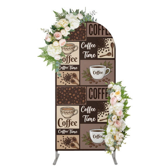 Dark Brown Coffee Time Arch Backdrop Cover 5FT, Vintige Farmhouse Coffee Beans Spandex Fitted Stretchy Arch Stand Covers, Round Top Chiara Backdrop Cover for Wedding Party Birthday Baby Shower