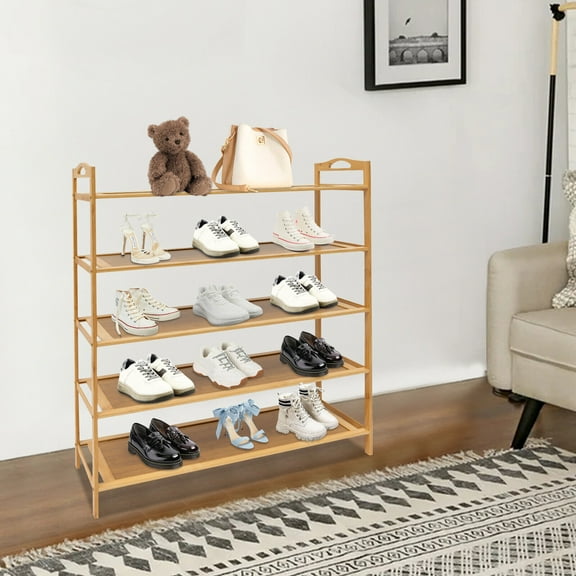 Dark Brown Color Multi-tier Shoe Storage Rack, Free Standing Shoes Shelf Organizer, 5-tier Shoe Rack Bamboo Density Board