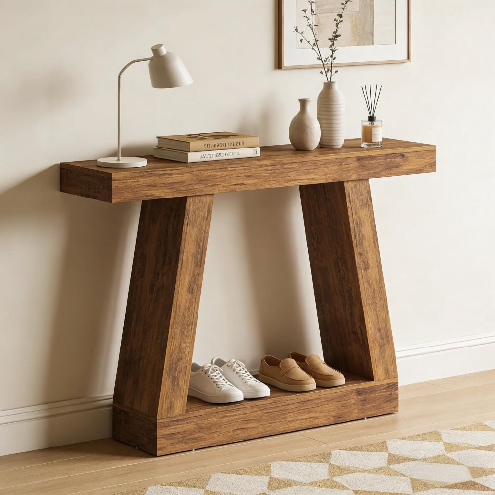Dark Brown Console Table, 41.7” Narrow Sofa Table with Dual-Tier Storage, 55 LBS Load Capacity, Anti-Tip Kit, Scratch-Resistant Melamine for Entryway Hallway Living Room