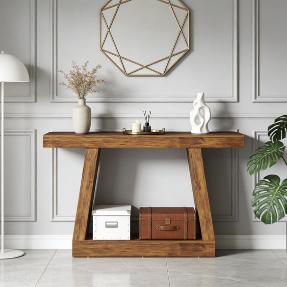 Dark Brown Console Table, 55.1” Narrow Sofa Table with Dual-Tier ...