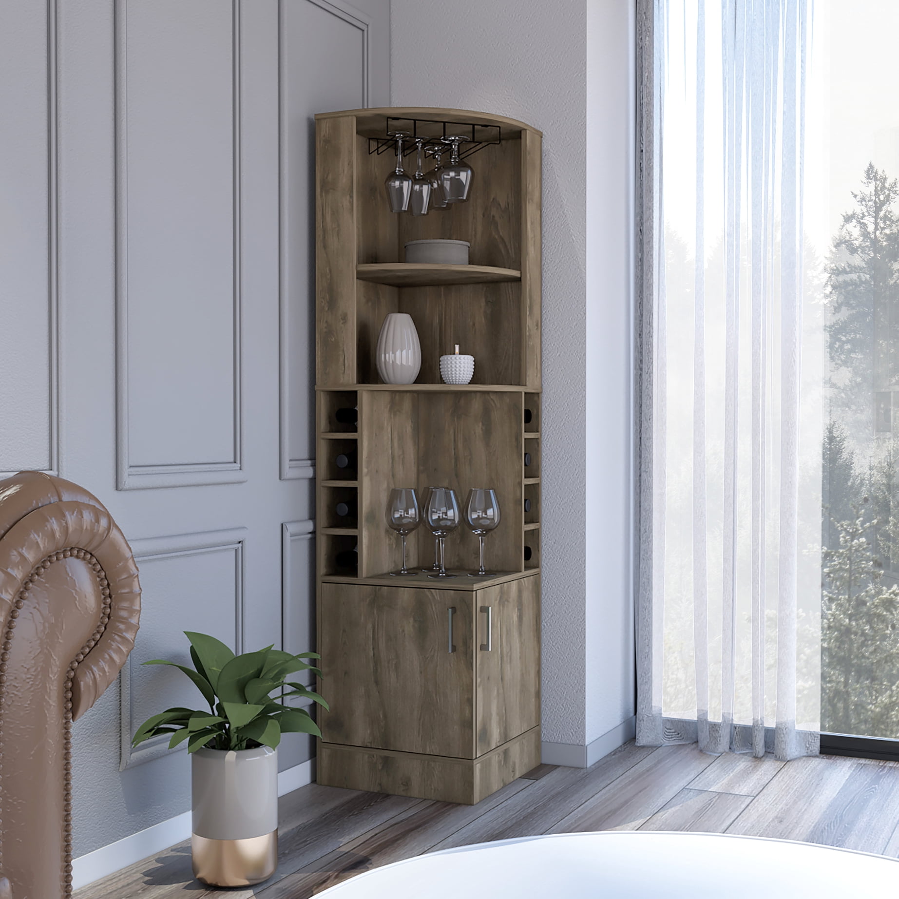 Dark Brown Corner Bar Cabinet With 8 Bottle , Double Door, 2 Open ...