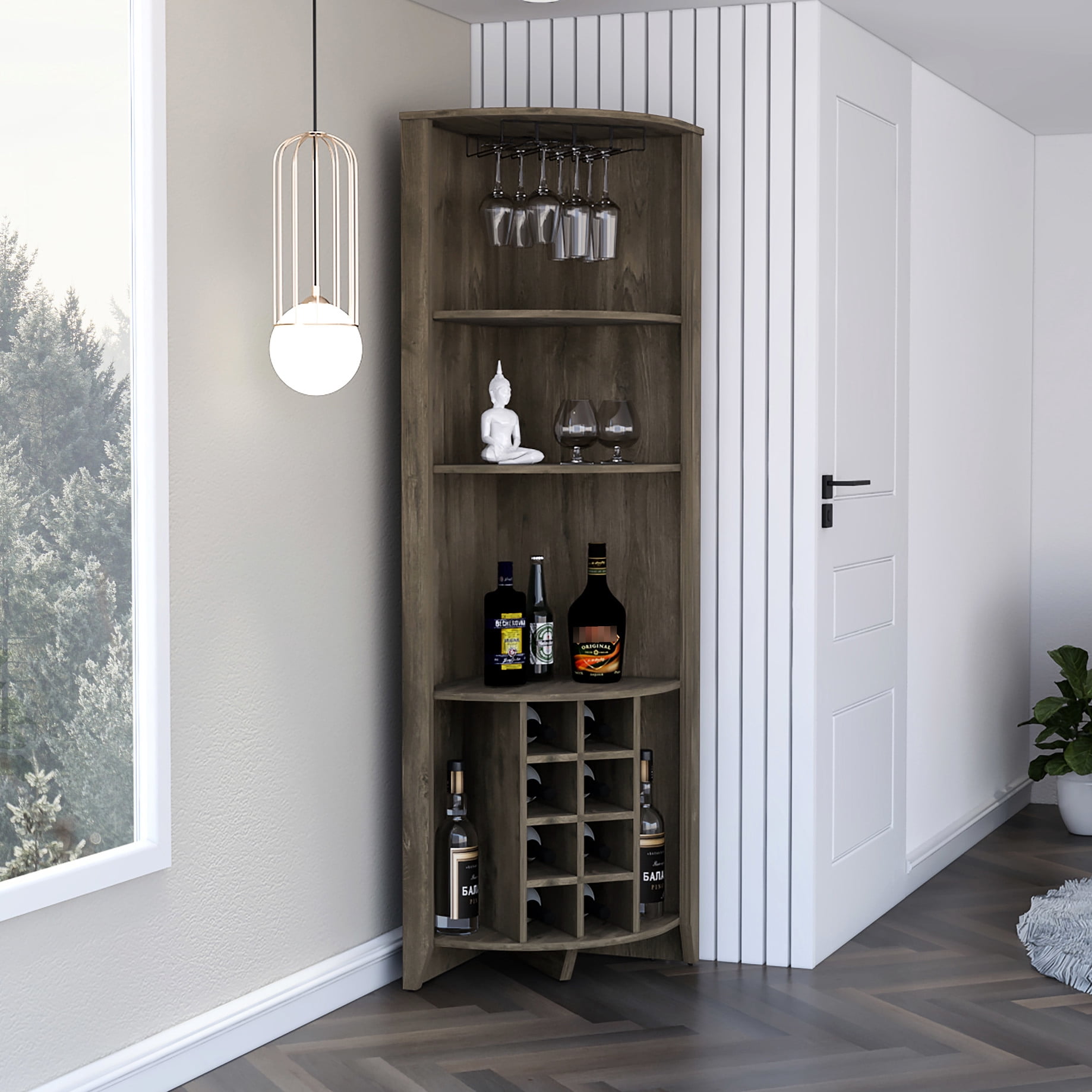 Dark Brown Corner Bar Cabinet For Relaxing Moments With Three Shelves ...