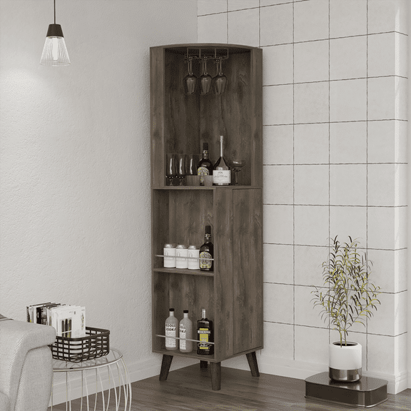 Dark Brown Corner Bar Cabinet with Stemware Rack, 2 Side Shelves & Pull-Out Drawer - Space-Saving for Home Bars