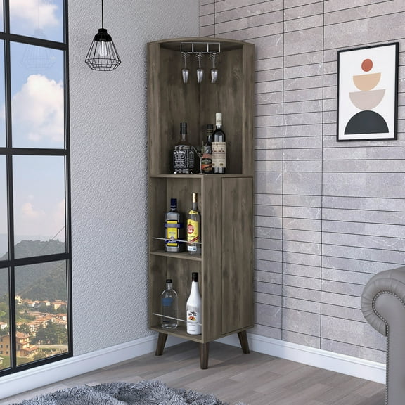 Dark Brown Corner Cabinet With Cup Rack And Two Shelves For Drinks 18.03 Inches Deep Bar Organization