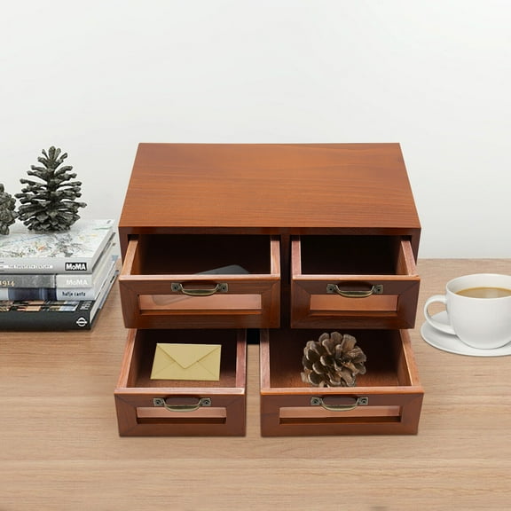 Dark Brown Desk Organizer With Drawers, Wooden Desktop Storage Cabinet With 4 Drawers, Retro Style Storage Box
