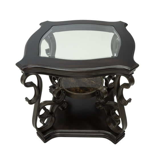 Dark Brown End Table With Beveled Glass Top And Shelf, Metal Legs, 26.3"lx26.3"wx24"h 26.3"wx26.3"lx24"h Top, ,