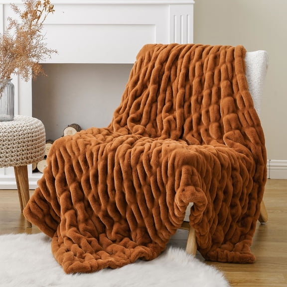 Dark Brown Faux Fur Throw Blanket for Couch, Double Side Reversible Ruched Rabbit Fur Blanket for Couch, Bed, Sofa, Cozy Blanket Soft Warm Mink Blanket, 50x60 Inches