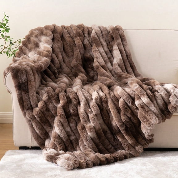 Dark Brown Faux Fur Throw Blanket,Cozy Plush Striped Rabbit Fur Blanket for Couch Bed,50"X60"