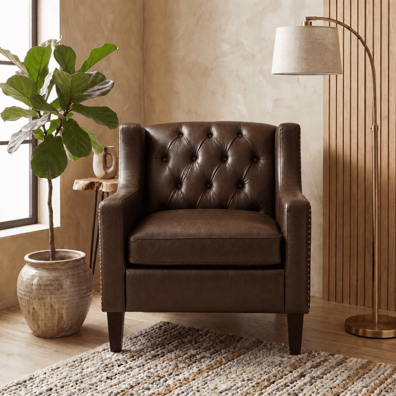 Dark Brown Faux PU Leather Accent Chair, Mid-Century Tufted Button Wingback Armchair with Nailhead Trim, High Resilience Sponge Cushion Solid Wood Legs Comfy Single Sofa for Living Room Bedroom Apart