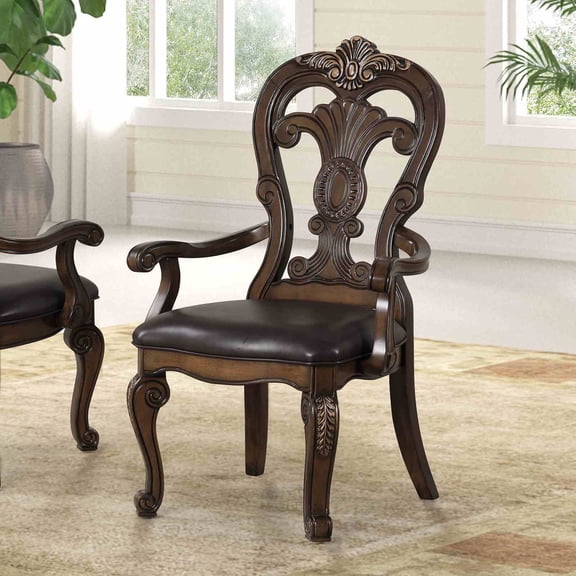 Dark Brown Finish 4pc Arm Chair Gold Tip Crown Molding Upholstered Seat Ornate Corbels Dining Room Furniture