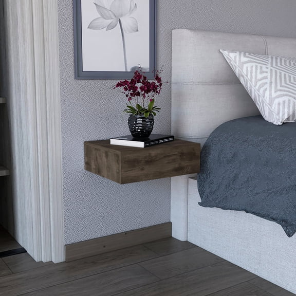Dark Brown Finish - Wall Mount with Locking System - Living Room Side Table - Spacious Drawer for Storage