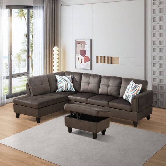 Dark Brown Flannel 3-Piece Living Room Sofa Set