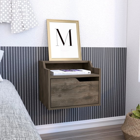 Dark Brown Floating Living Room End Table With Single And Double-tiered Space Shelf Bedroom Display