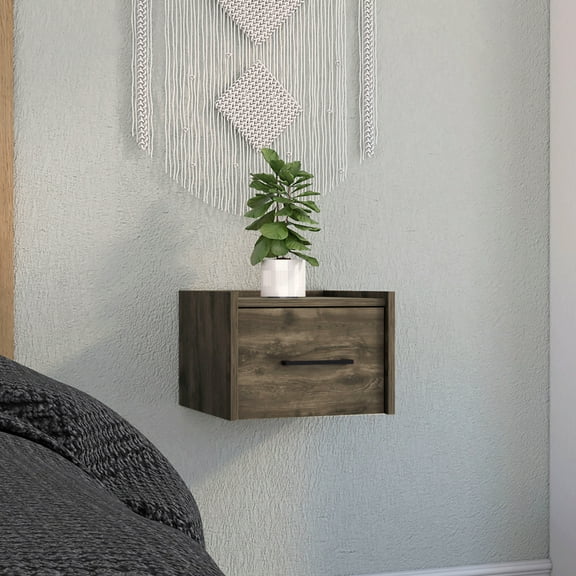 Dark Brown Floating Nightstand With Handle For Bedroom, Space Saver Side Table, Single Drawer Saving