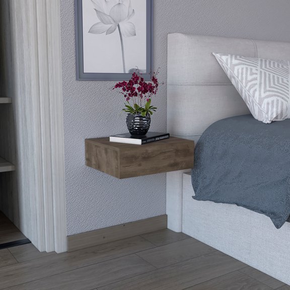 Dark Brown Floating Side Table With Drawer, For Bedroom, Space End Adequate Storage Facility Practical
