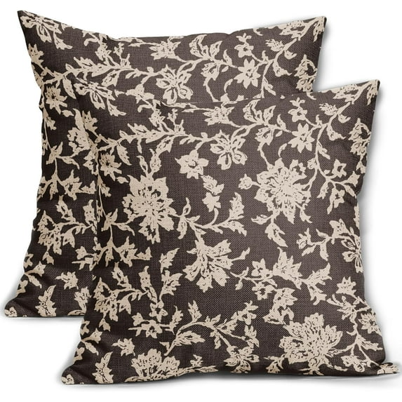 Dark Brown Floral Pillow Covers 16x16 Set of 2 Brown Cream Vintage Flower Block Print Pattern Decorative Throw Pillowcases Outdoor Rustic Farmhouse Square Cushion Cases Decor for Home Couch Sofa Bed