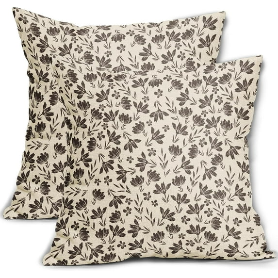 Vintage Flower Pillow Covers 18x18 Set of 2 Rustic Cute Small Floral Black Brown Old Style Decorative Throw Pillows Outdoor PillowCase Farmhouse Linen Cushion Case Decor for Home Sofa Couch Bed