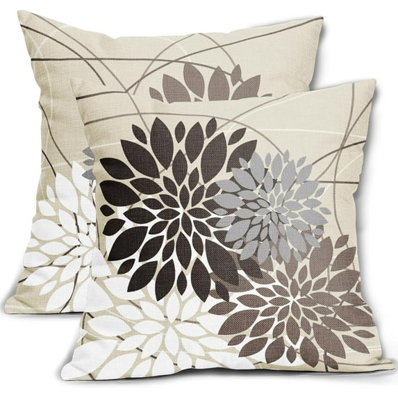 Dark Brown Flower Pillow Covers 18x18 Grey Gray White Dahlia Floral Spring Decorative Throw Pillows Farmhouse Seasonal Decor for Home Sofa Bed Couch Modern Cushion Cases, Set of 2